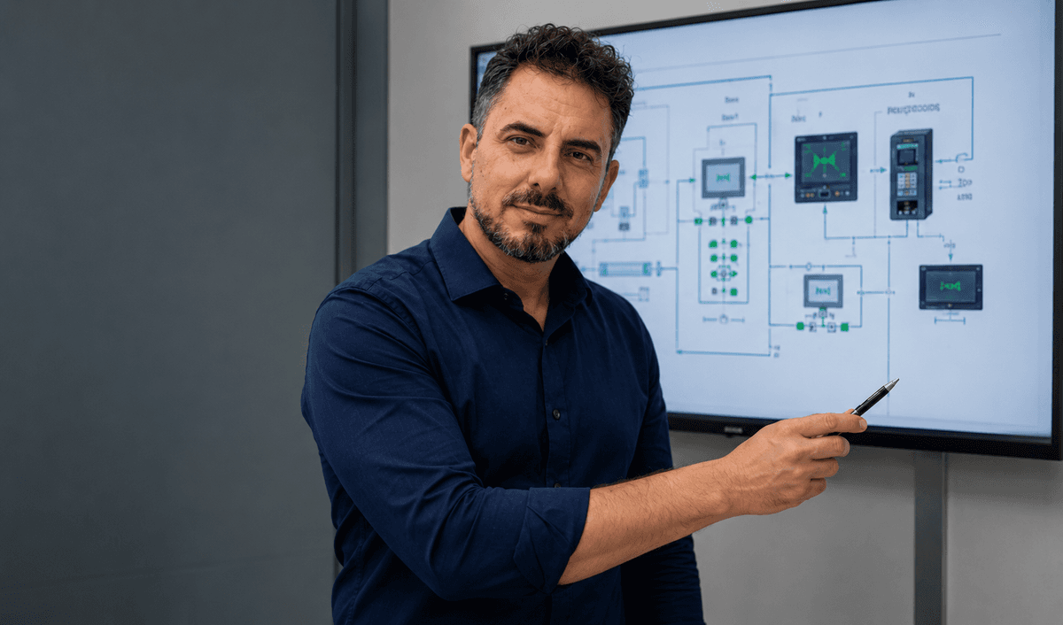 Carlos Coelho apresentando diagnóstico técnico de automação industrial